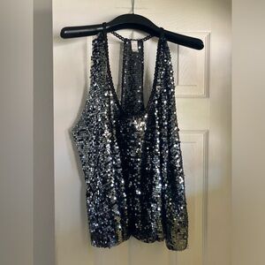 Free People Black Silver Sequins Top